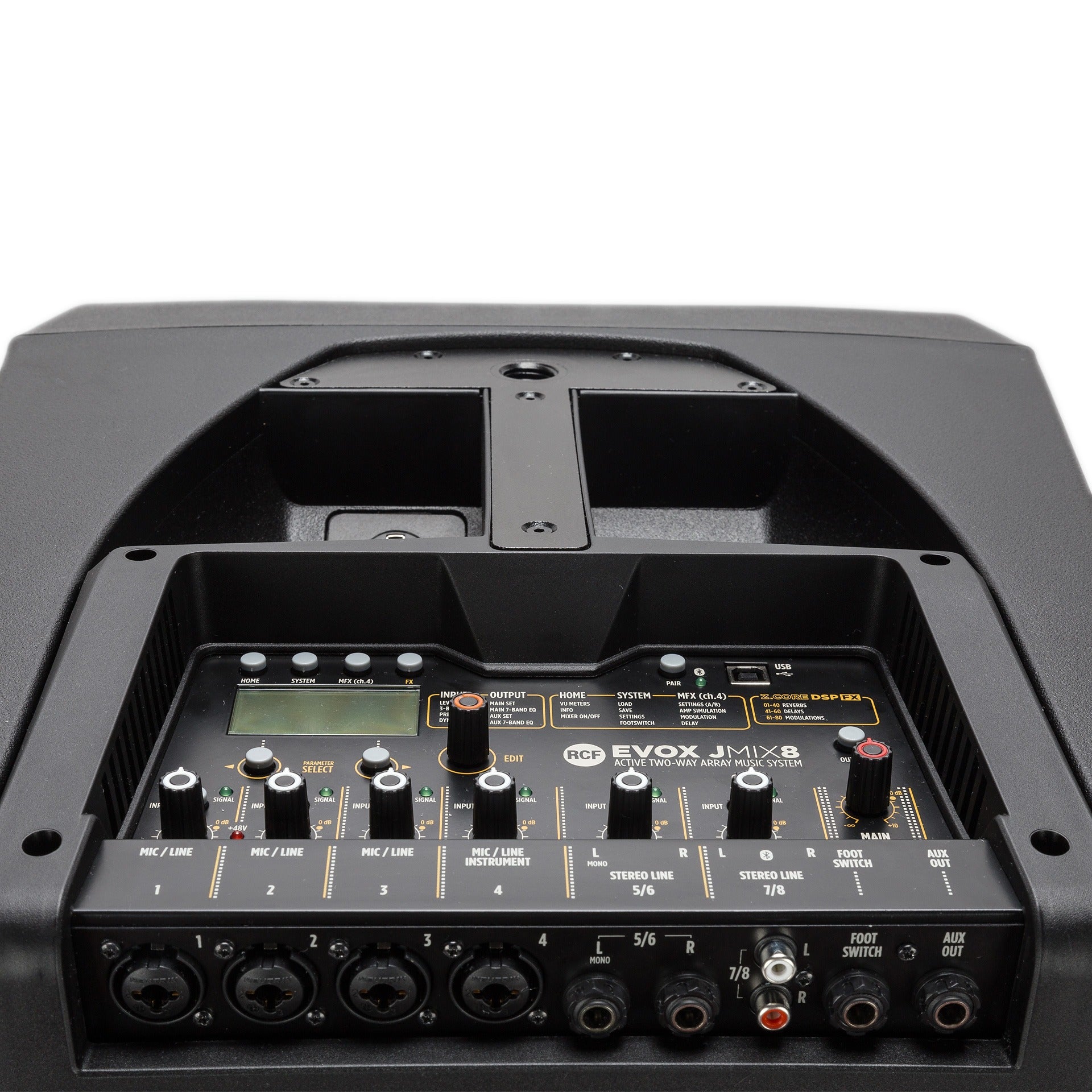 RCF Evox JMIX8 Digitalmixer mit Encoder und Anschlüsse