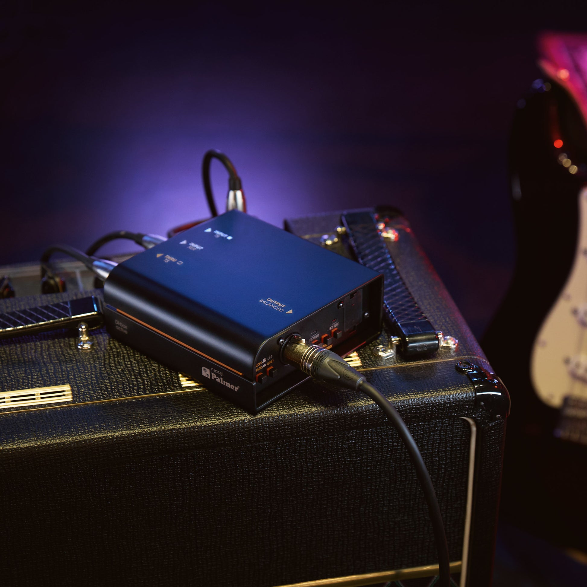 Palmer River Mosel DI Box connected to amp and guitar