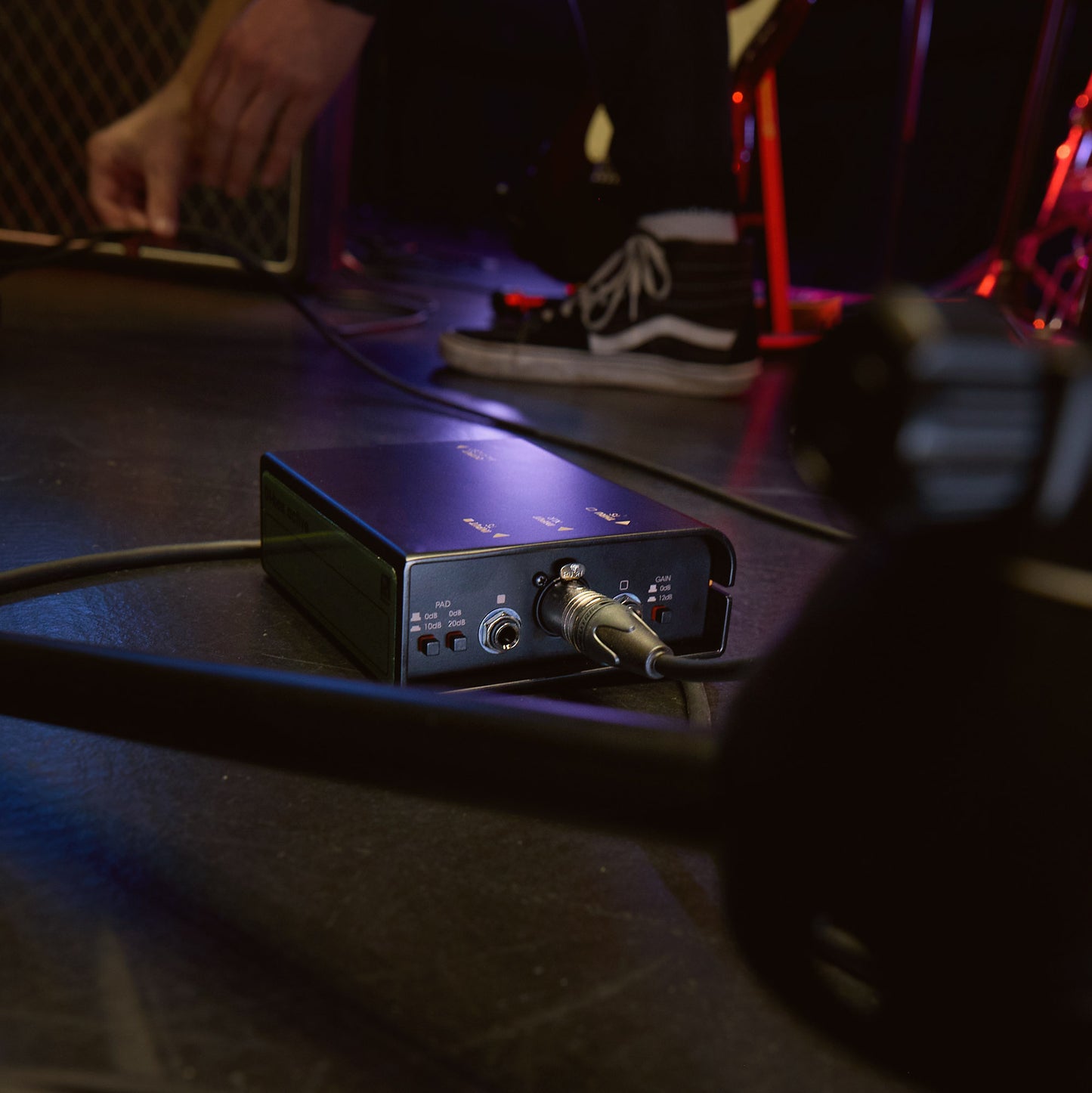 Palmer River Mosel DI Box on stage floor