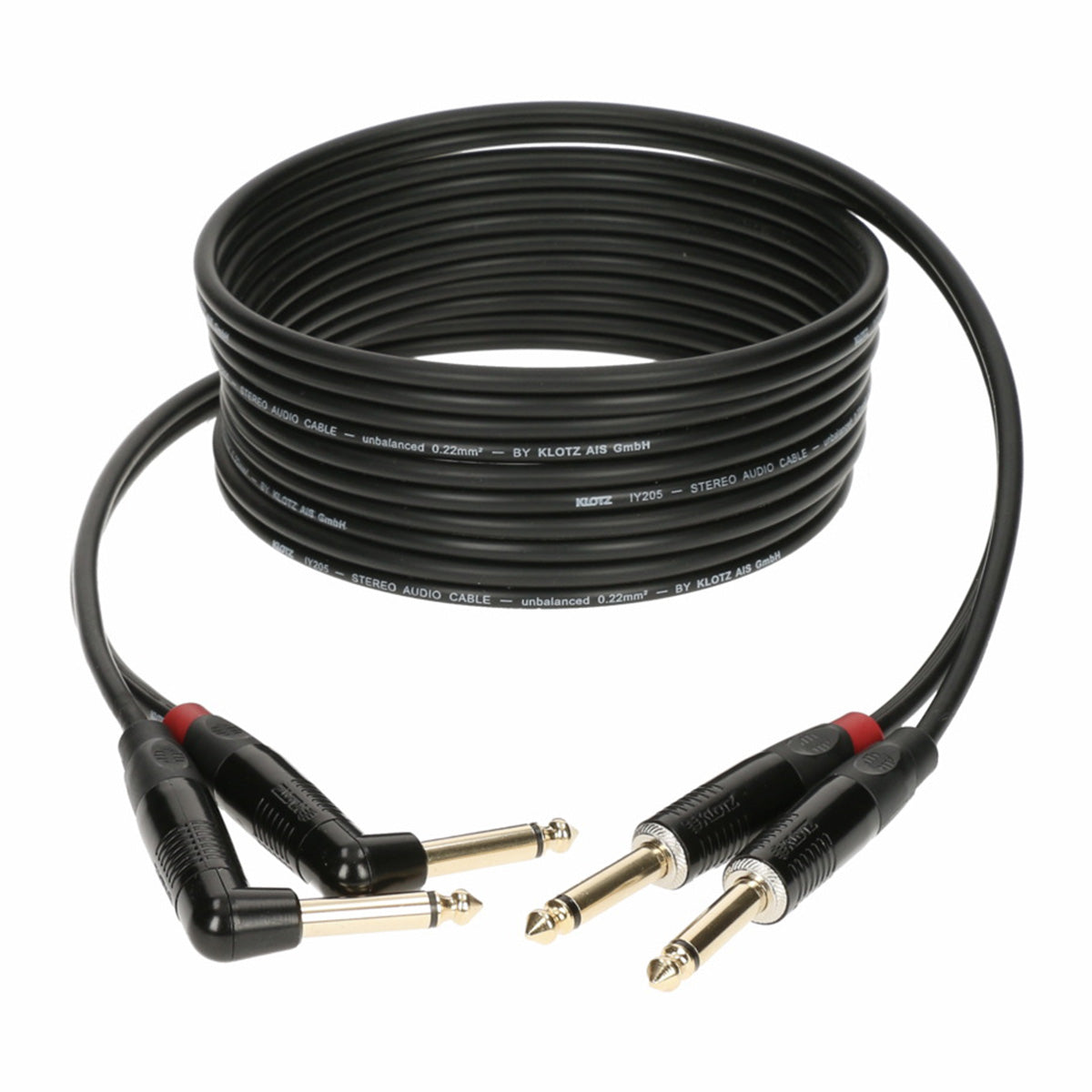 Klotz Stereo Keyboard Klinkenstecker Kabel mit 6,35mm Mono TR Stecker schwarz aufgerollt Winkelstecker