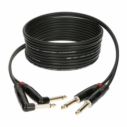 Klotz Stereo Keyboard Klinkenstecker Kabel mit 6,35mm Mono TR Stecker schwarz aufgerollt Winkelstecker