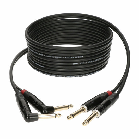 Klotz Stereo Keyboard Klinkenstecker Kabel mit 6,35mm Mono TR Stecker schwarz aufgerollt Winkelstecker