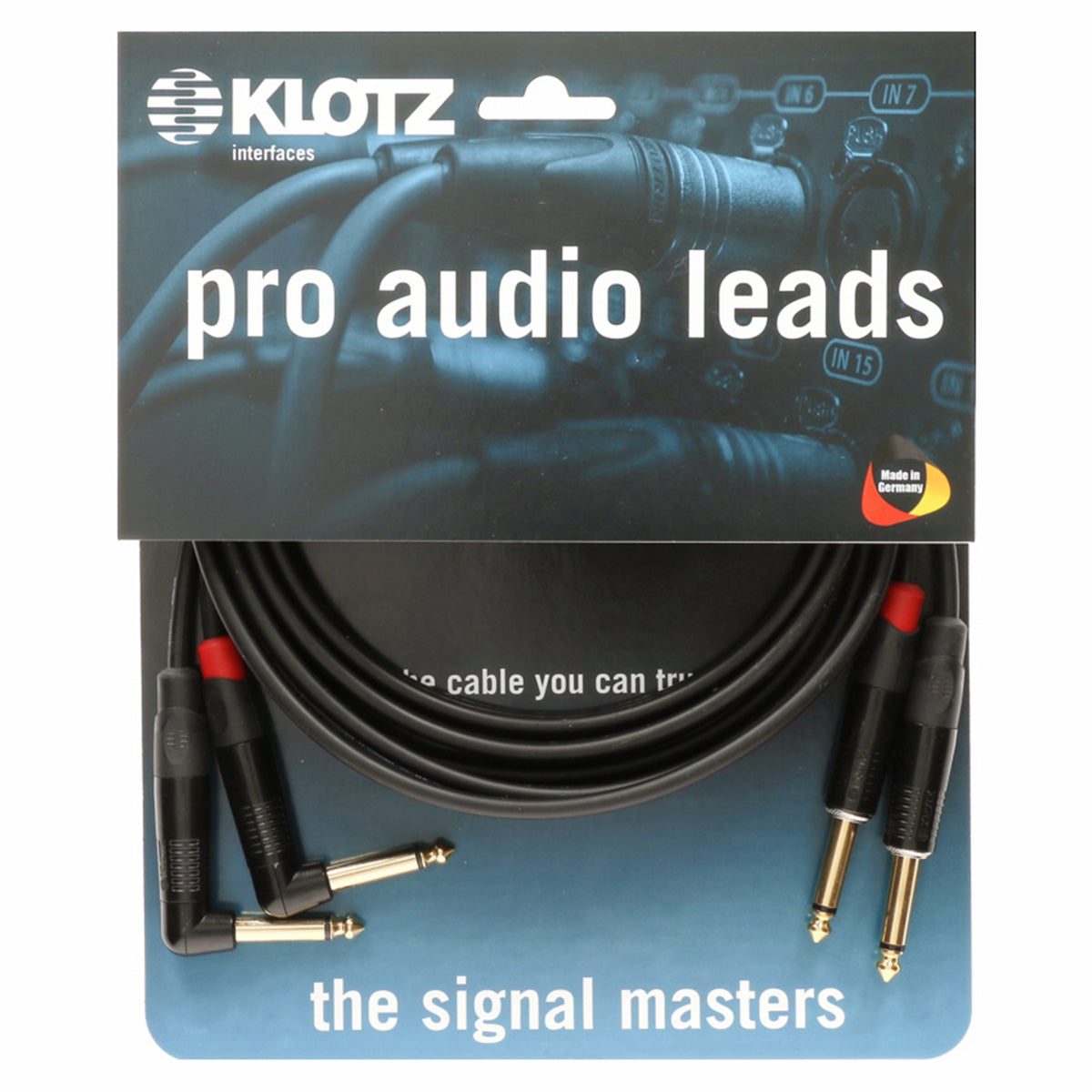 Klotz Stereo Keyboard Klinkenstecker Kabel mit 6,35mm Mono TR Stecker schwarz verpackt mit Winkelstecker