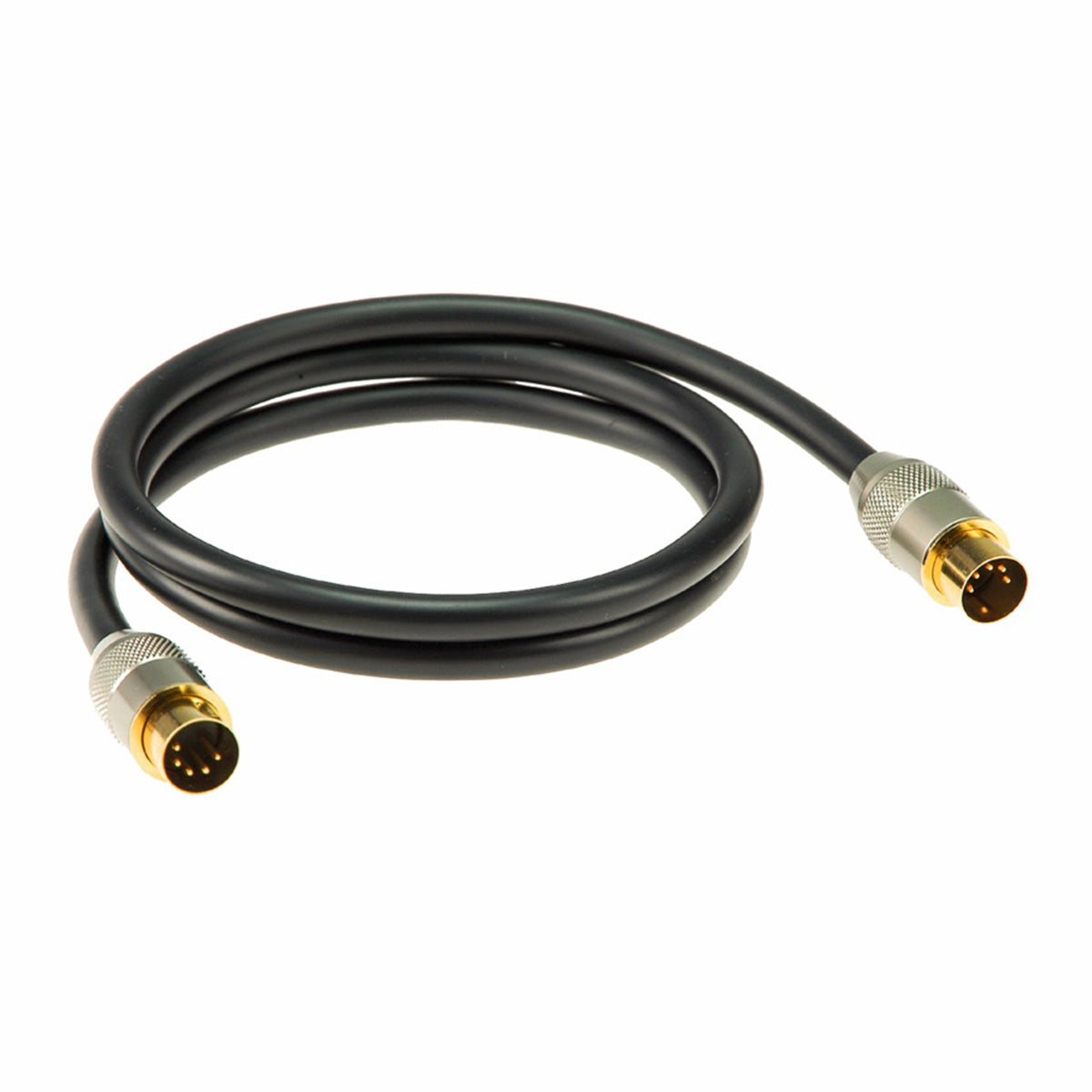 Klotz Premium superior midi kabel schwarz mit metallsteckern und vergoldeten kontakten aufgerollt
