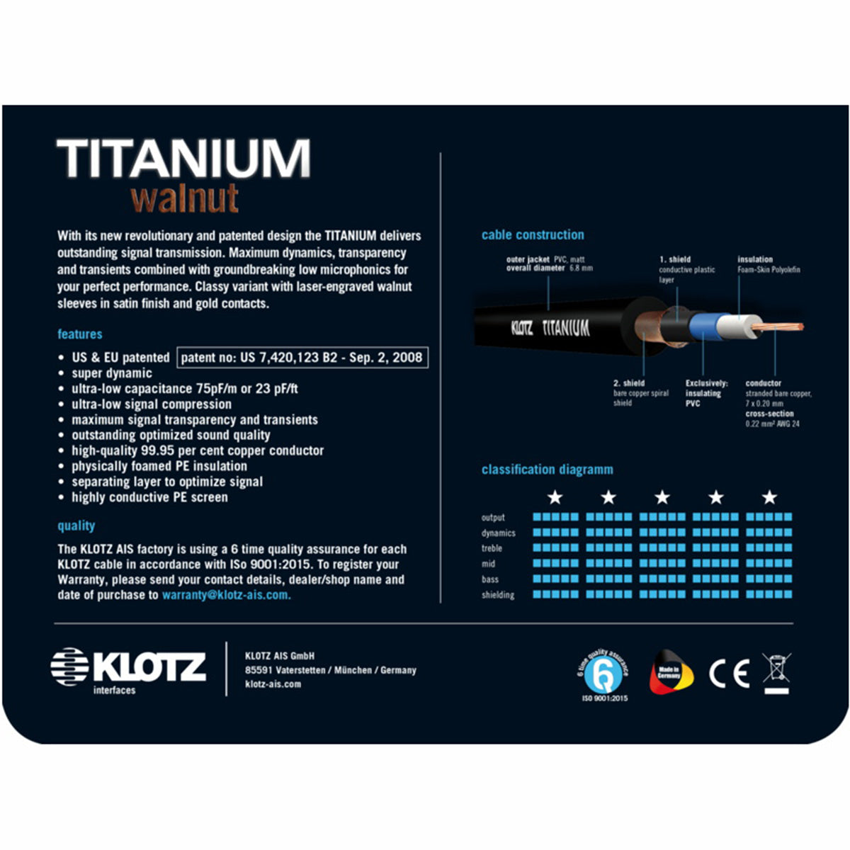 Klotz Gitarrenkabel Klinkenstecker pro Titanium Goldstecker verpackung rückseite