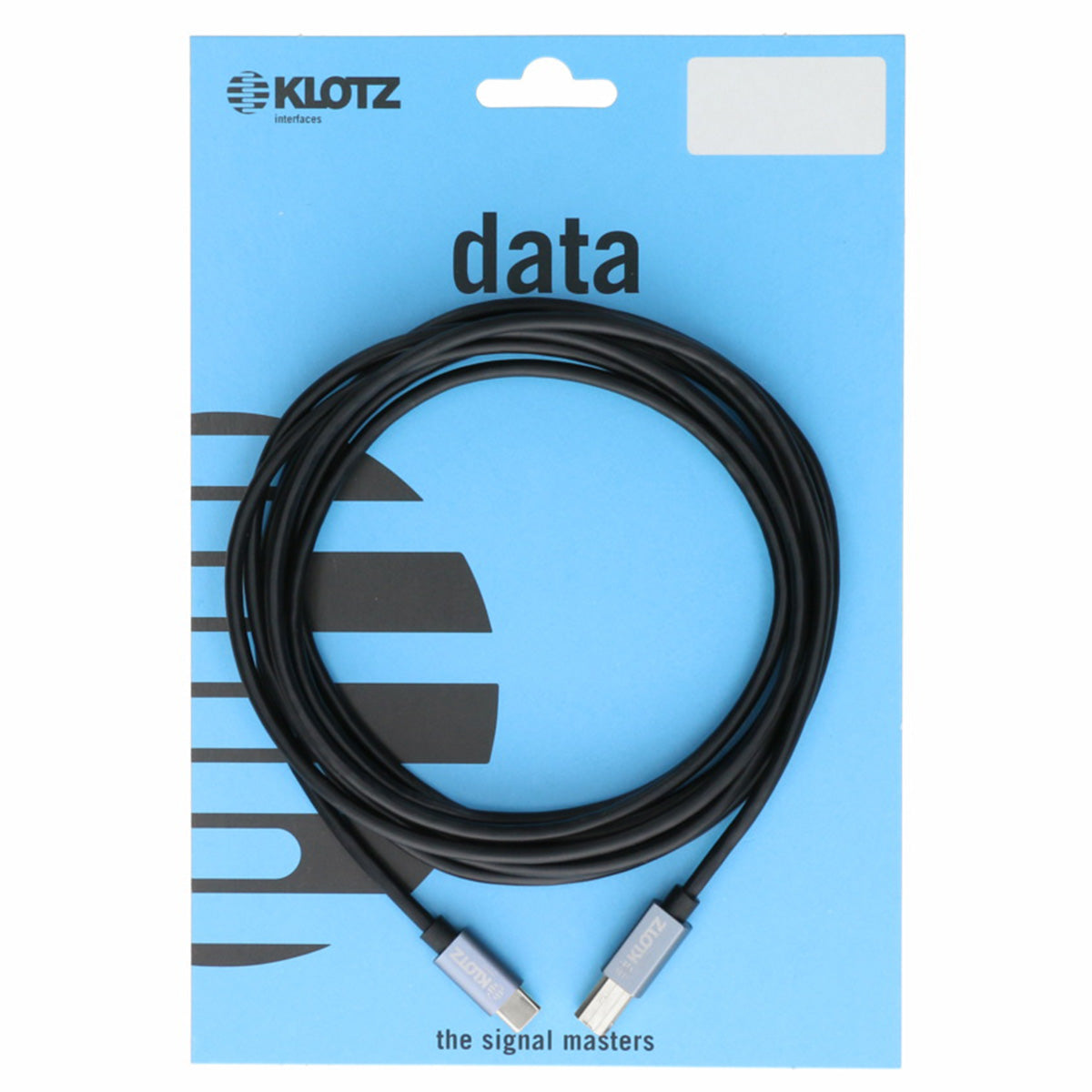 Klotz USB C auf USB B high speed kabel aufgerollt schwarz in verpackung blau