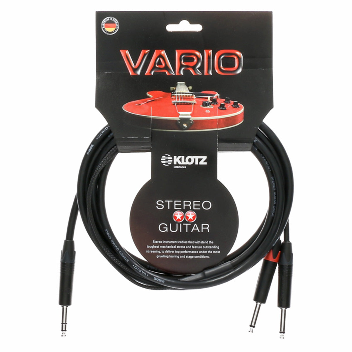 Klotz Vario Stereo Gitarrenkabel aufgerollt schwarz Klinkenstecker in Verpackung